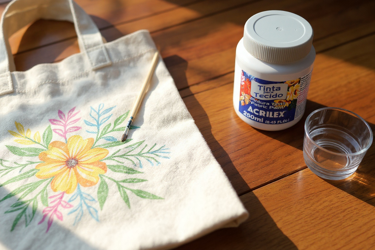Pintura num saco de pano com tinta para tecido Acrilex